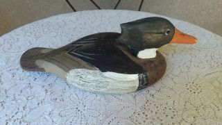 Vintage Wildfowler Wood Decoy Red Breasted Merganser Drake Duck Signed Fw