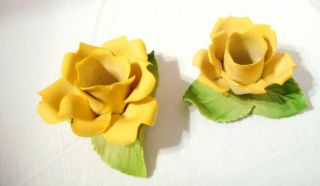 Vintage Capodimonte Porcelain Yellow Rose Candle Holders Set Of 2 Delicate