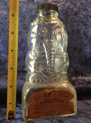 Vintage 1950s Mrs Simms Orange Syrup Elephant Clear Glass Bottle Coin Bank 50s