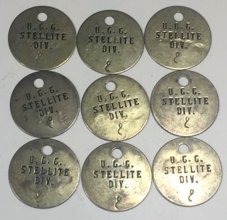 Nine Vintage Tool Check Brass Tag: U.  C.  C.  Stellite Div.  Kokomo,  Indiana L@@k