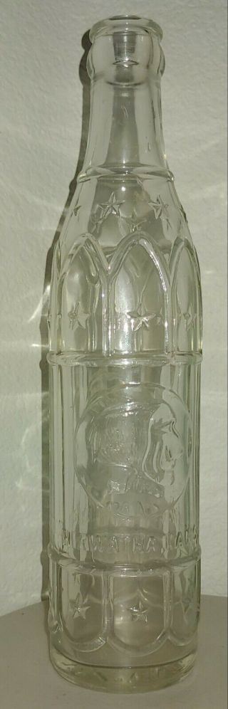 Vintage Clear Embossed Chief Hiawatha Soda Bottle,  Kansas 9 Oz