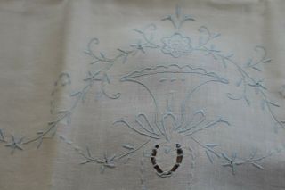 Vintage Cotton Pillowcases 19x34 Blue Emb & Cut Work