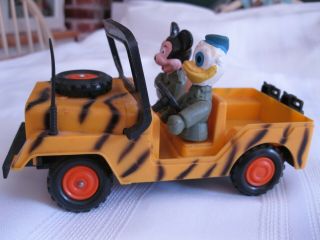 Vintage Walt Disney Mickey Mouse Donald Duck Wind - Up Jeep Durham Ind.  Hong Kong