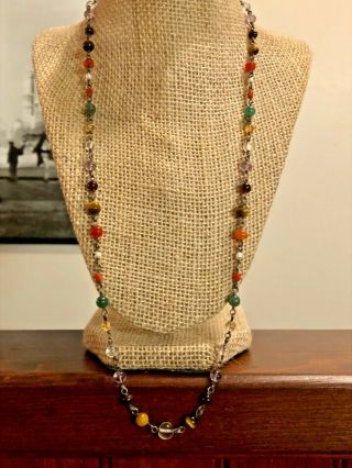 Vintage 26 " Multi Gemstone Necklace From India - Jade,  Carnelian,  Garnet,  Coral