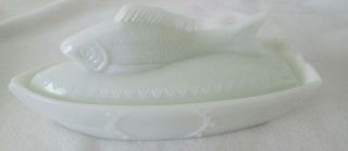 Vintage White Milk Glass Fish On A Boat Covered Dish