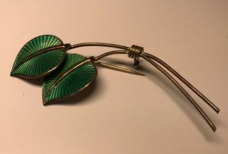 Vintage A.  Sch Albert Scharing Norway Sterling Silver 925 Green Enamel Leaf Pin