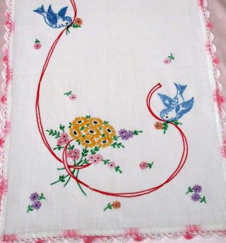 Vintage Embroidered Birds & Flowers Table Runner Or Dresser Scarf