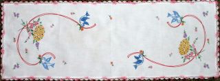 Vintage Embroidered Birds & Flowers Table Runner or Dresser Scarf 2