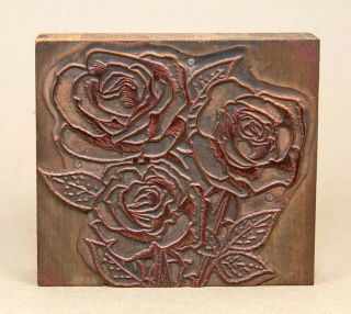 Vintage Letterpress Printing Block 3 Roses Copper On Wood Floral