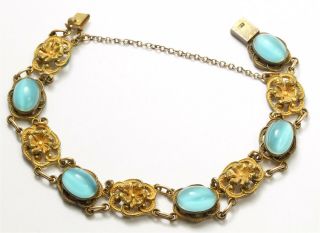 Vintage Art Deco Czech Blue Glass Moonstone Flower Link Chain Bracelet 6.  5 "