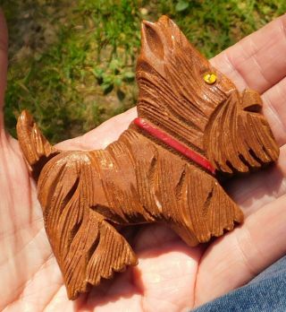 Vintage Carved Scottie Dog Pin Brooch Wood 3 " X3 " Brown Red Collar C Clasp Figura