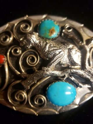 Vintage Navajo TURQUOISE & CORAL Belt Buckle Silver Plated Leopard On A Limb 3