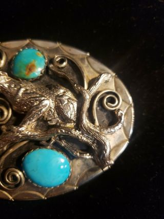 Vintage Navajo TURQUOISE & CORAL Belt Buckle Silver Plated Leopard On A Limb 4