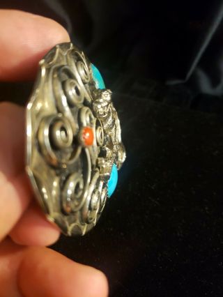 Vintage Navajo TURQUOISE & CORAL Belt Buckle Silver Plated Leopard On A Limb 5