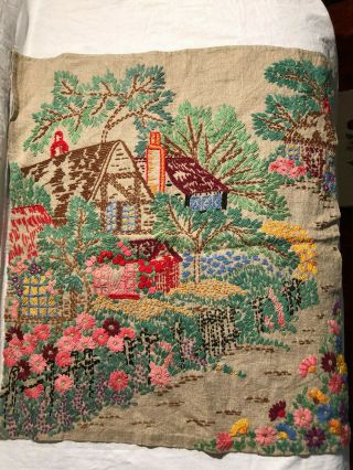 Vtg Mcm Royal Society Crewel? Linen - Like; Farm Flower Scene - Wow Details/colors
