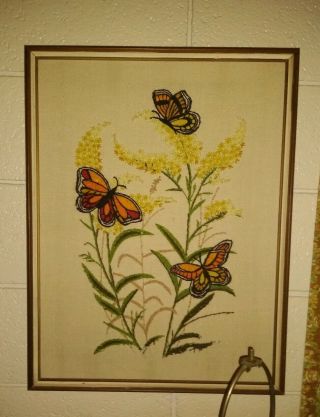 Vintage Flower Butterfly Needlepoint Crewel Embroidery Framed Art 14 X 11