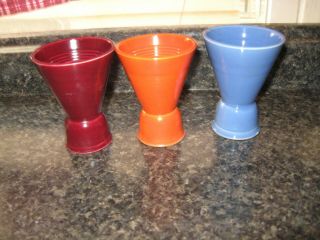 Set Of 3 Vtg Homer Laughlin Harlequin Double Egg Cups - Maroon &orange&blue