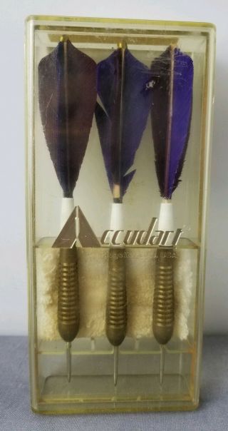 Vintage Accudart Brass Darts Purple Burgundy Feather Plastic Case