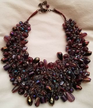Vintage Molded Art Glass Purple Red Pink Gold Ab Bead Chunky Bib Copper Necklace