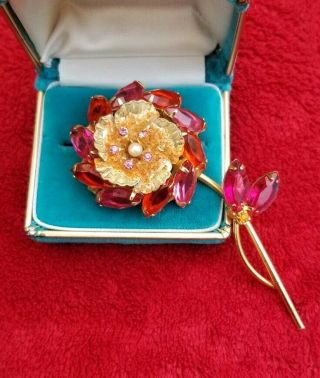 Vintage Juliana Gold Tone Pink Orange Rhinestones Flower Pin Brooch