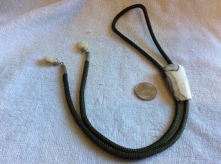 Vintage Western Style Bolo Tie - Polished White & Black Stone With Green Cord