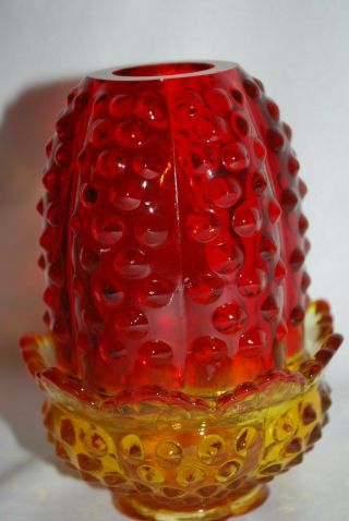 Vintage Fenton Glass Amberina Red Yellow Hobnail Fairy Lamp Light