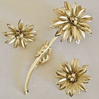 Flower Brooch Earring Set Gold Ab Daisy Pin Clip On Big Vintage 1960 70