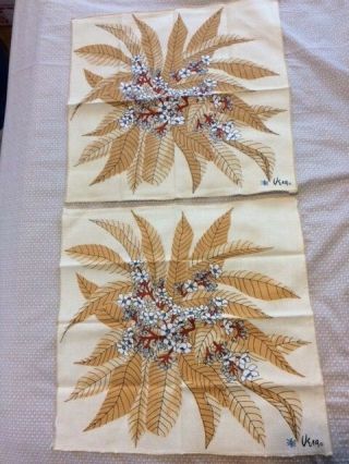 Vintage Vera Neumann Tan Floral White Napkins Set 2