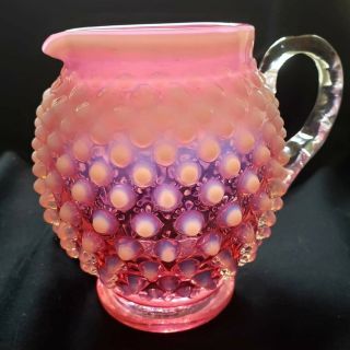 Vintage Fenton Cranberry Opalescent Hobnail Glass Pitcher/pink White Bobble Jug
