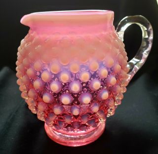 Vintage Fenton Cranberry Opalescent Hobnail Glass Pitcher/pink white bobble jug 5