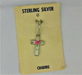 Vintage Sterling Silver Cross Charm With Enameled Flower Motif