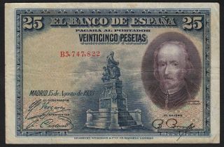 1928 25 Pesetas Spain Vintage Paper Money Rare Old Banknote Currency P 74b Vf