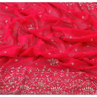 Sanskriti Vintage Dupatta Long Stole Georgette Pink Shawl Hand Beaded Scarves 2