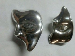 Vintage Retro Silver Plate Harlequin Silver Color Half Mask Clip On Earrings