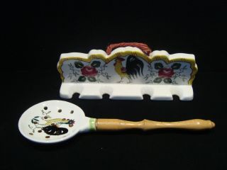 Vintage Ucagco Ceramics Rooster & Roses Early Provincial Utensil Wall Rack