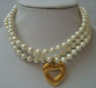 Stunning Vintage Estate Gold Tone Faux Pearl Heart Beaded 14 " Necklace 2429d