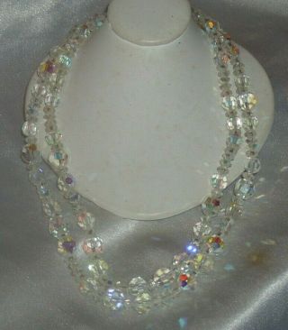 Vintage Lisner Signed Art Glass Ab Crystal Bead Double Strand Necklace