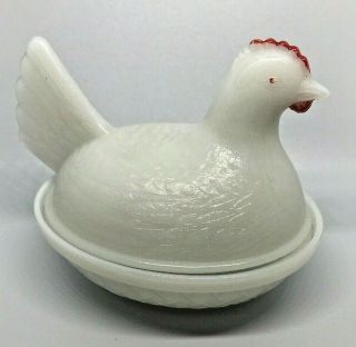 Vintage 5 " White Milk Glass Red Comb Hen Chicken On Nest Candy Trinket Dish