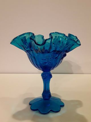 Vintage Fenton Blue Cabbage Roses Ruffled Compote/candy Dish