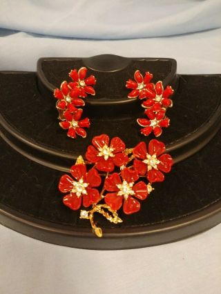 Vintage Nolan Miller Red Flower Brooch Plus Vintage Ear Climber Earrings Clip