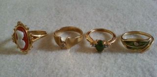 4 Vintage Avon Costume Jewelry Gold Tone Rings Faux Cameo,  Faux Jade
