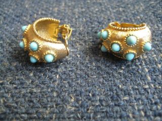 Estate Vintage Boucher Goldtone Hoop Clip Earrings With Turquoise Stones