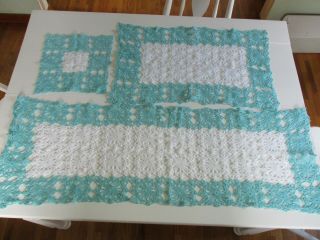 Vintage Hand Crocheted Dresser Scarf Table Runner Doilies Aqua/turquoise & White
