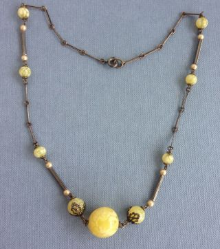Art Deco Yellow Speckled White Peking Glass Filigree Necklace Vintage Ca1930s