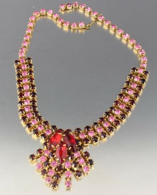 Vintage 50’s Pink & Red Crystal Glass Rhinestone Bead Bib Necklace