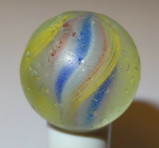Vintage Handmade Glass Marble With Red White & Blue Swirl Core & Yellow Stripes