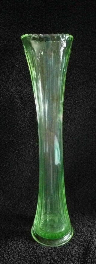 Green Vaseline Ribbed 10 " X 2 3/8 " Vintage Vase