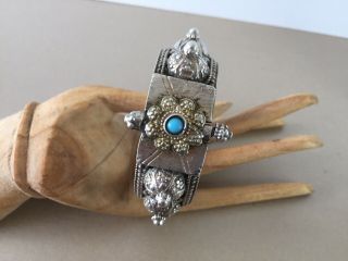 Vintage Ethnic,  Tribal Hinged Bangle Bracelet,  Silver Metal,  Turquoise Stone