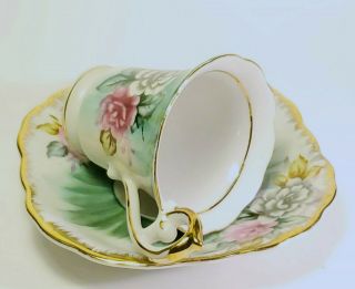 Vintage Hand Painted Fern Japan Green Teacup And Saucer " Occupied Japan "