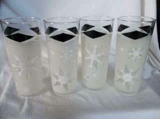 4 Vtg Mcm Black Diamond Atomic Frosted White Snowflake Tall Barware Glasses Euc